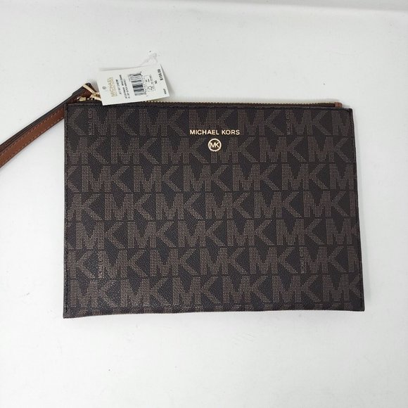 Michael Kors Clutch Womens XL Jet Set Charm Zip Wrislet Leather Logo Spell Out - Picture 1 of 9